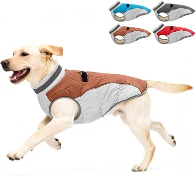 Dog Winter Coat for Medium Dogs, Adjustable Puppy Warm Jackets in Cold Weather, Reflective Pet Fleece Vest with External Attachment Points, Zippered Cold-Weather Dog Winter Clothes, M Brown