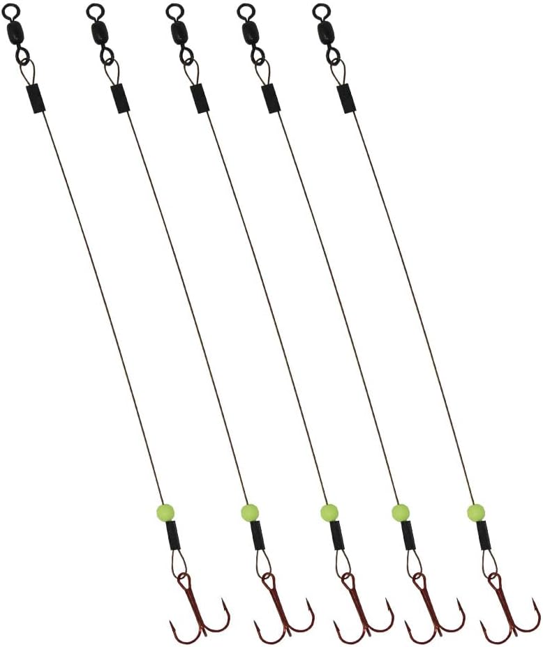 Tooth Shield Tackle Ice Fishing Tip Up Leader/Rig (90 lb) / Ice Fishing Sucker Walleye Pike Musky Predator Rig (5 Pack) [Camo Wire/Chartreuse Bead] Made in The USA