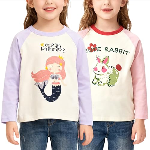 Image of 100% Cotton Girls T-Shirt 2-Pack Cute Tops Casual Soft Printed Toddlers Tees Layering 18Months-8Years