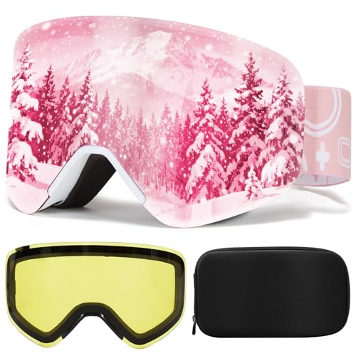 VCOROS Magnetic Ski Goggles UV400 Protection Snow Snowboard Goggles OTG Anti-Fog Goggles For Snowmobile Skiing Skating(White Frame REVO Pink,Polarized-Lens) by VCOROS - Used condition - US$24.86