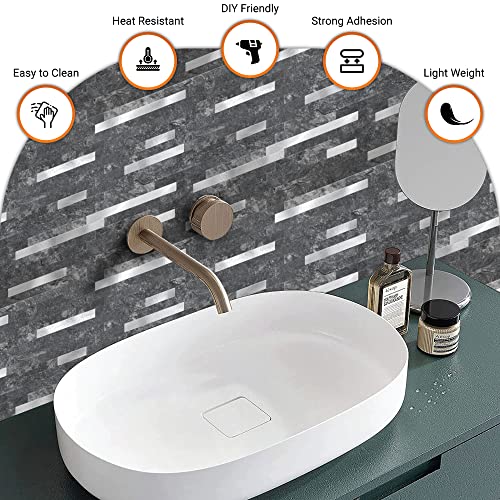 Milesun 10 Sheets Peel And Stick Backsplash Tile, 10.5 Inch X 11.5 Inch Decorative Wall Stickers Pvc Tiles For Kitchen, Bathroom, Laundry Room, Camper, Fireplace (Dark Stone With Brushed Silver Metal) #TOP3