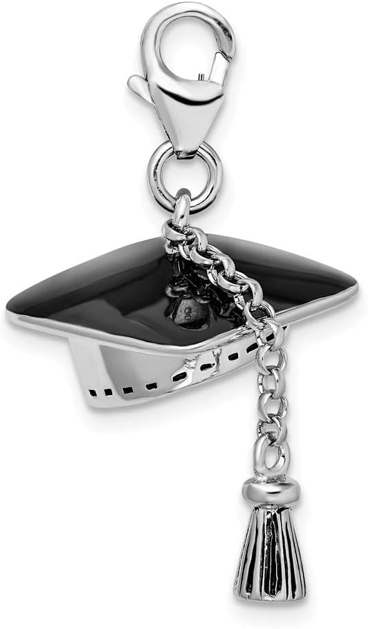 Solid 925 Sterling Silver 3-D Graduation Cap Lobster Clasp Charm (0.79 x 1.34 Inches)