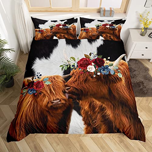 Brown Highland Cattle Bedding Sets Super King, Black and White Milk Cow Fur Hair Skin and Flowers Duvet Cover with 2 Pillowcases, Natural Farmhouse Animal Comforter Cover for Adult Couple Present