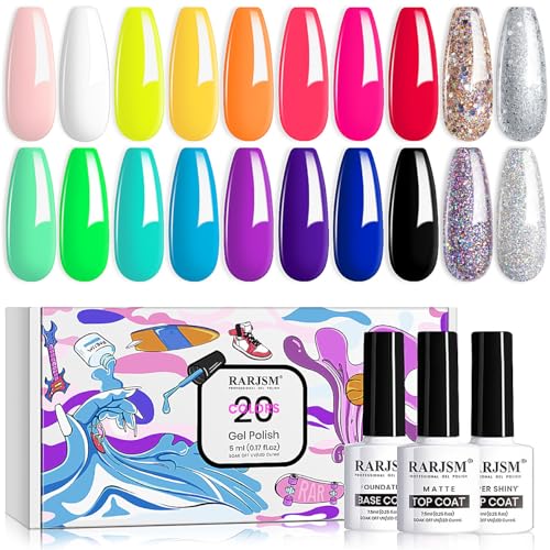 RARJSM 23 Pcs Gel Nail Polish Set, Pastel Nail Gel Kit Spring Summer Neon Green Yellow Black Glitter White Pink Blue Collection with Classic Colors LED UV Curing Gel Polish Nail Kit 5ml