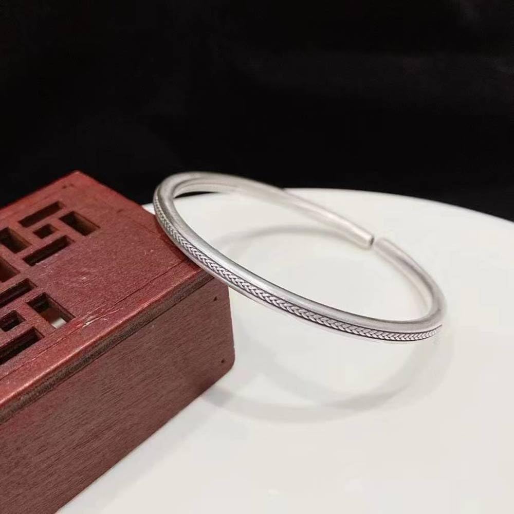 Bracciale Rigido in Argento 999 Bracciale in Corda di Canapa Donna retrò Solido Giovane Personalizzato Bastone Rotondo Bracciale in Argento Moda Bracciale 001