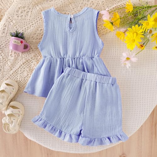 Image of Toddler Girl Clothes Sleeveless Top Shorts 2Pc Summer Outfit 12M-5T | 100% Cotton, Soft breathable, Double crepe fabric, Adorable bow ruffle pocket design, Perfect for daily wear, birthday, party