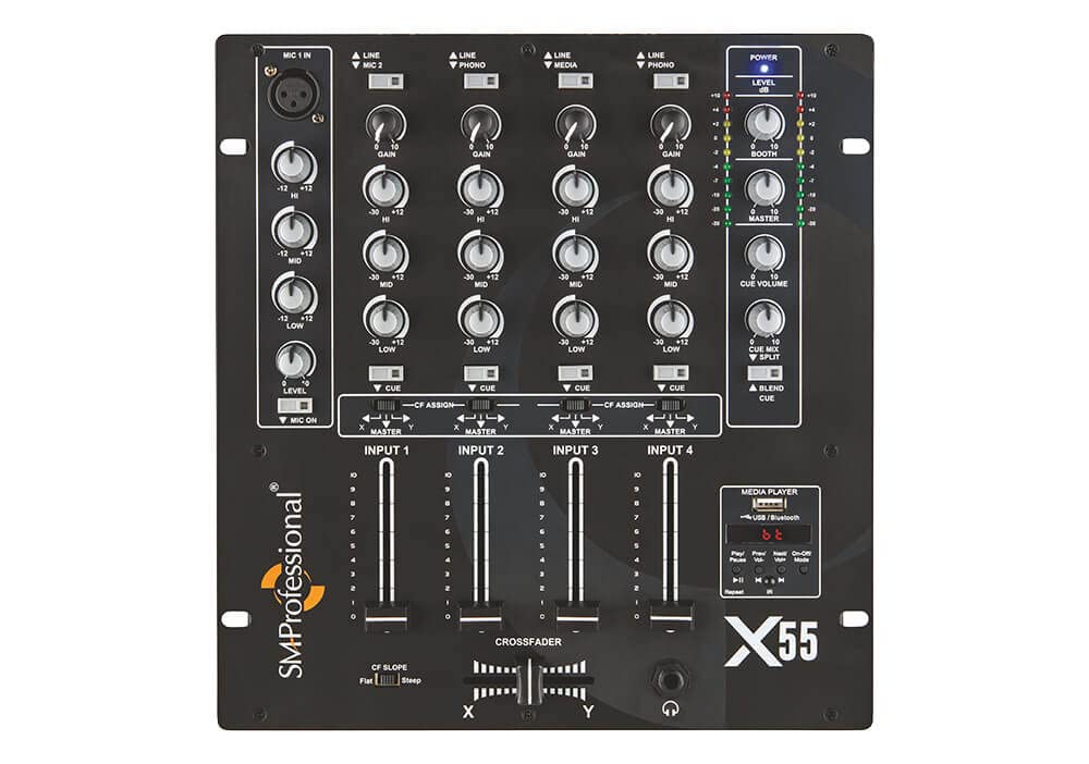 X-55 studiomaster 5 channel DJ mixer with a built-in USB MP3 media