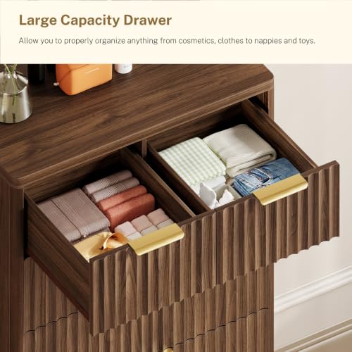 Image of TEENOFN Fluted Dresser for Bedroom with 7 Drawers, 48 inch Tall Modern Chest of Drawers with Metal Handle, Wooden Dresser TV Stand, Wood Closet Clothes Storage Organizer for Living Room, Hallway, Walnut