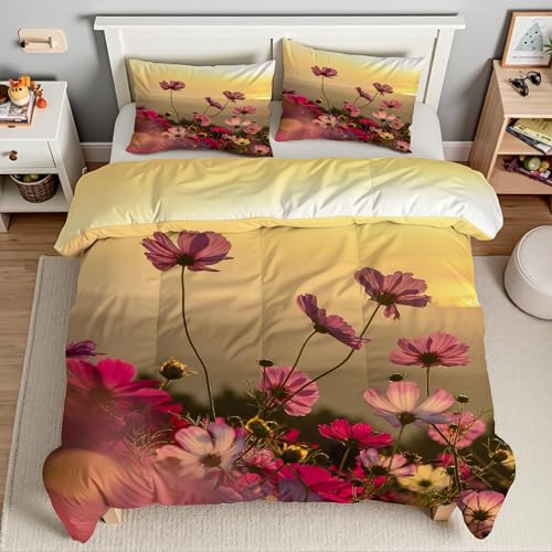 Housse de couette fleurs et parure de lit 90x190 microfbre douce ensemble literie 3 pièces zippé - 4