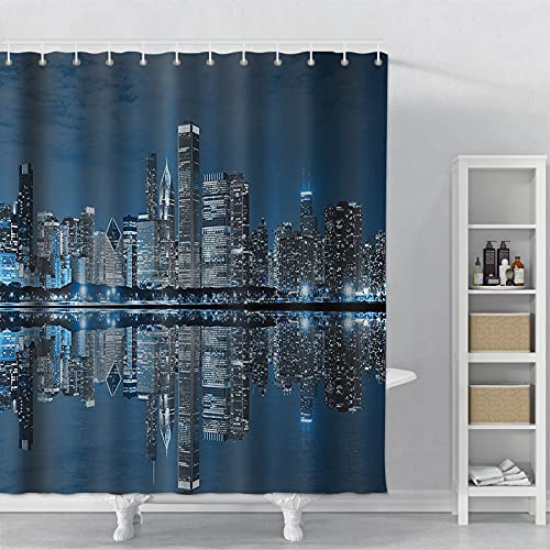 Spxubz Chicago Skyline Sleeping City Dramatic Urban Resting Popular American Lake Night Blue Grey Shower Curtain Waterproof Bathroom Decor Polyester Fabric Curtain Sets With Hooks, 60X72 #TOP1