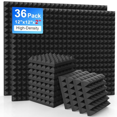 AUSLET 36 Pack Acoustic Panels 12 x 12 x 2 Inches Soundproof Wall Panels Pyramid Sound Proof Foam Panels for Wall High Density Black Acoustic Foam Panels