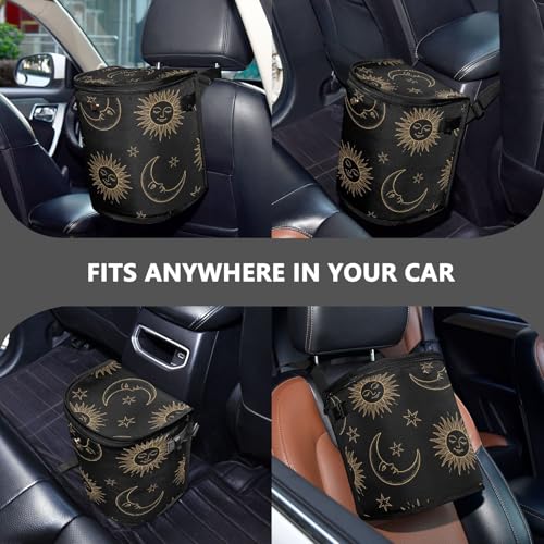 Image of Bolaz Spill-Proof Car Trash Can | Leakproof Lining | Seat Hanging Auto Garbage Bag with Zipper Lid Bohemian Sun Moon Car Organizer Storage Bag(6cr7u)