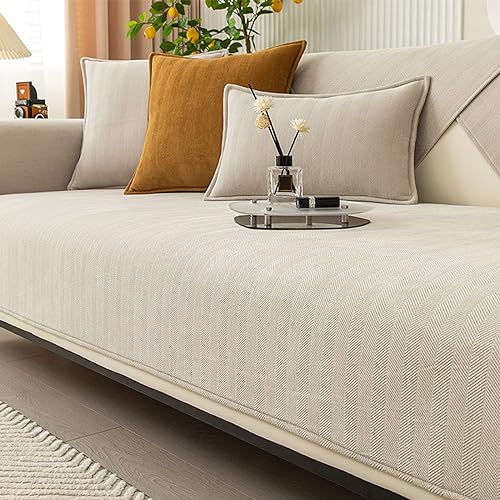 Peticehi Funny Fuzzy Sofa Cover, Herringbone Chenille Fabric Furniture Protector Sofa Cover, Cosy Solid Colour Non-Slip Couch Cover (Beige,90 160cm)
