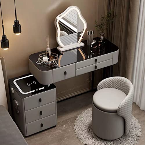 Escritorio de tocador gris con espejo iluminado LED táctil, 3 modos de color, 3 cajones, mesa de maquillaje, armario de almacenamiento y estación de carga para dormitorio, elegante y funcional