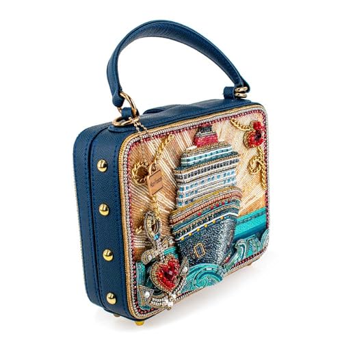Mary Frances Full Steam Ahead Beaded Handbag Cruise Ship Top Handle Novelty Bag, Blue3
