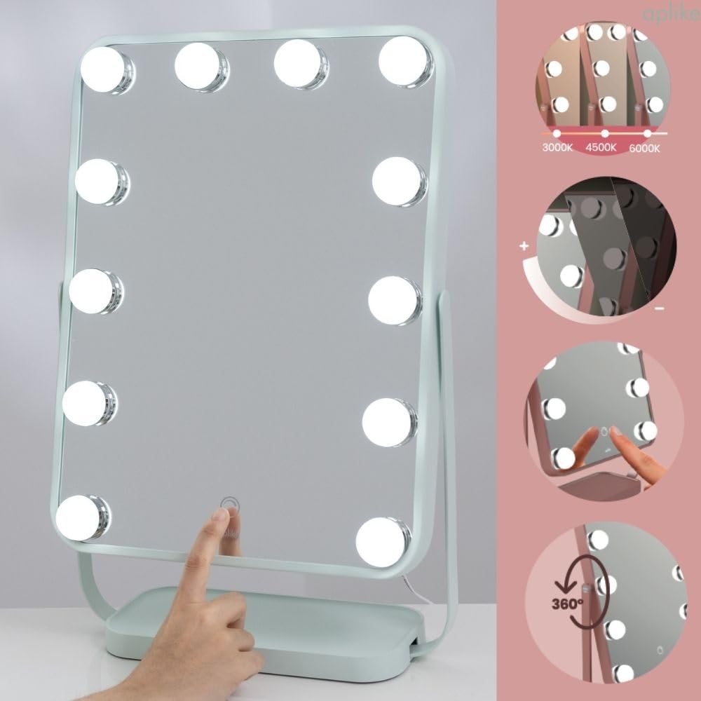 Aplike - Specchio da trucco con luce, specchio da toeletta Hollywood Studio con luce LED regolabile, controllo tattile, rotazione di 360°, basso consumo (acquamarina)