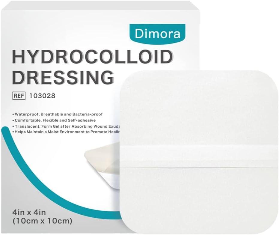 Dimora Hydrocolloid Dressing 4" x 4" for Wound Care, 10 Pcs Large Patch Bandages with Self-Adhesive for Bedsore, Burn, Blister, Acne Care, Super Absorbent for Fast Healing
