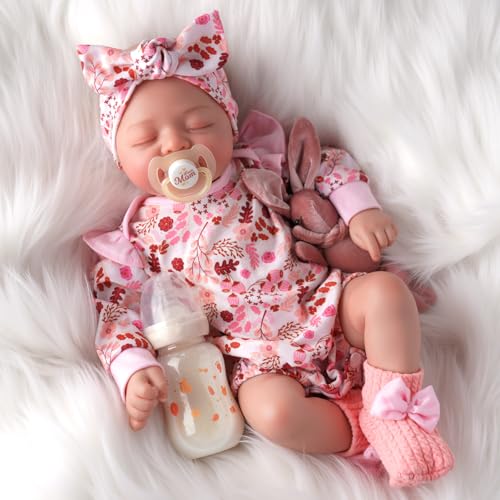 BABESIDE Lifelike Reborn-Baby Dolls 17 Inch Realistic Sleeping Newborn Babies Girl Handmade Real Life Dolls with Pink Floral Clothes and Toy Accessories Gift for Kids Age 3+