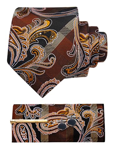 Image of YourTies Silk Paisley Floral Tie and Pocket Square Cufflinks with Lapel Pin Sets for Men 5PC Wedding Party