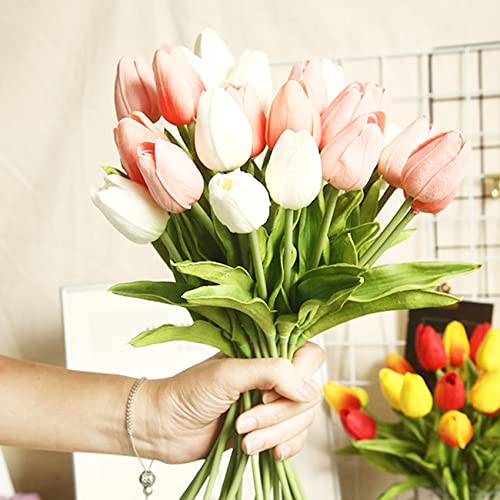 hanlongyu Tulips Artificial Flowers for Table Decor, Fake Artificial Bouquets, Realistic Tulips Flowers Decor for Wedding Party Office Kitchen Home Decor, 10 White & 10 Light Pink image 1