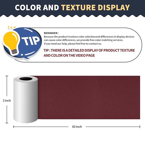 Image of ONine Leather Repair Patch，Leather Repair Tape, 3 x 60 inches Leather Repair Patch for Furniture,Vinyl Repair kit，Leather Couch Patch，for Sofas, Furniture, car SeatsWine red-Litchi Grain