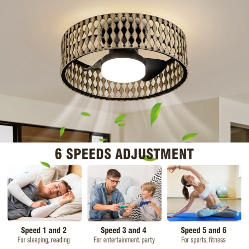 Image of Boho Farmhouse Ceiling Fan with Lights,Rustic Wood Caged Ceiling Fan 20 inchs Low Profile Flush Mount Ceiling Fan Dimmable LED Light Quiet 6 Speed DC Motor for living room Bedroom Kitchen