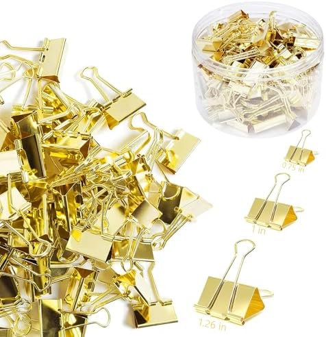 Gold Binder Clips Paper Clamps, Assorted Sizes Set (Large-20, Small-12, Medium-10,) 42 pcs Clips for Office School and Home Supplies, The Perfect Match for Those who Love The Golden Style
