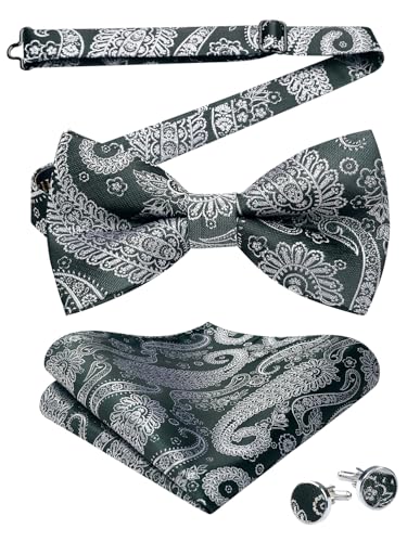 Image of HISDERN Bow Ties for Men Pre-Tied Bow Tie Floral Paisley Handkerchief Classic Formal Bowtie and Pocket Square Cufflinks Set