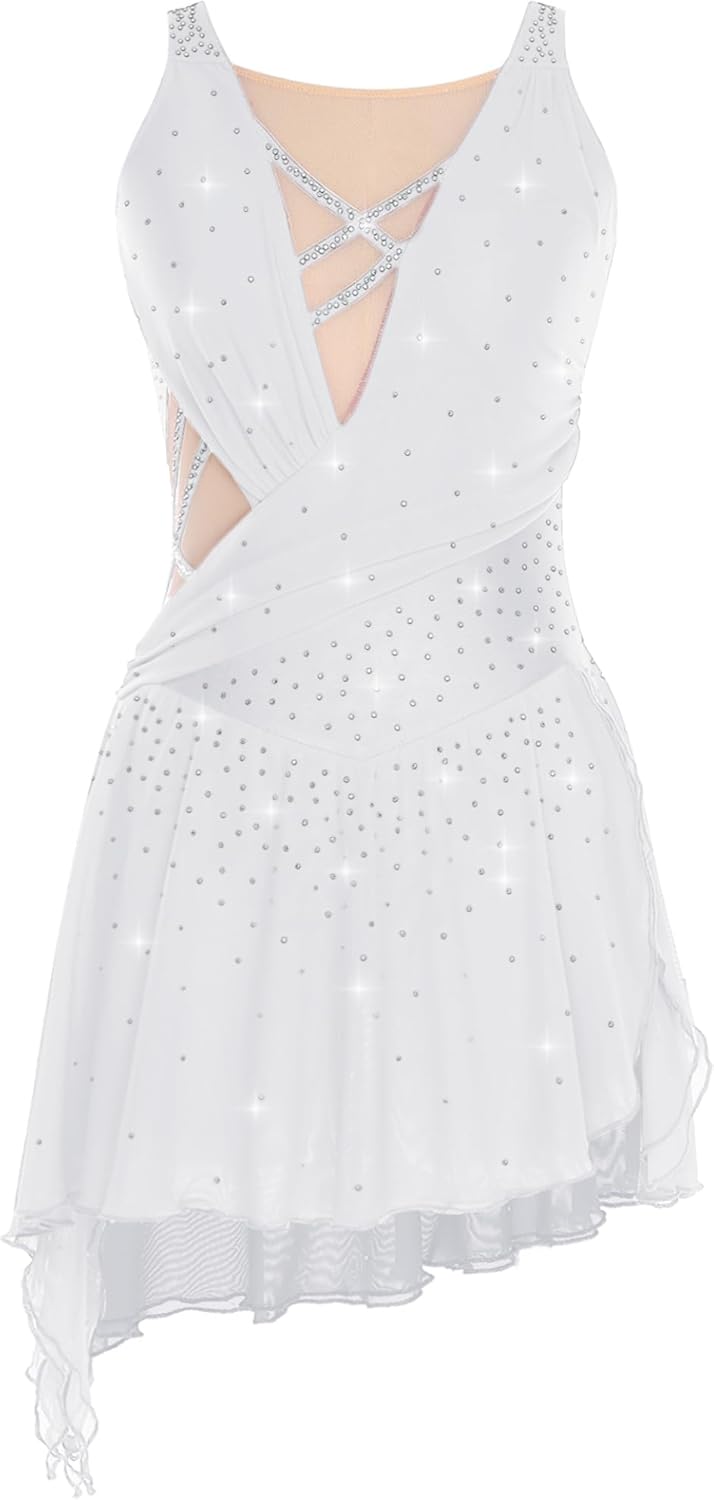 Linjinx Womens Figure Skating Dress Modern Lyrical Dance Costume Ballet Shiny Rhinestone Leotard Dancewear