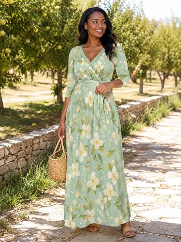 Image of PinkPatty Plus Size Maxi Dresses for Women Casual Flowy Long Dress 3 /4 Sleeve V Neck Wrap Dress with Belt