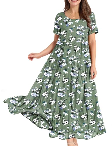 Image of YESNO Women Casual Loose Bohemian Floral Dress with Pockets Short Sleeve Long Maxi Summer Beach Swing Dress EJF
