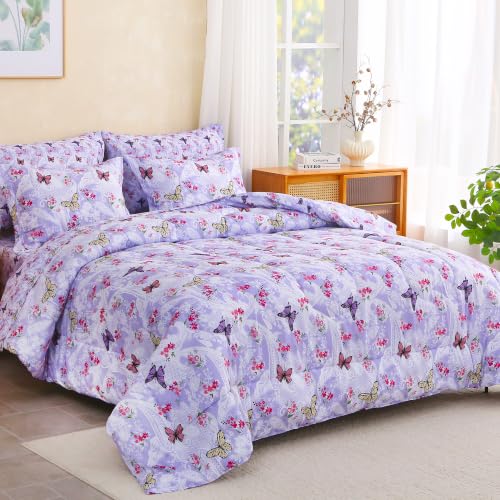 Image of lasoftan Floral Queen Comforter Set with Sheets, 7 piece Luxury Vintage Bedding, Soft Microfiber Bed in a Bag, Cozy Lightweight Bed Set, Lavender Butterfly