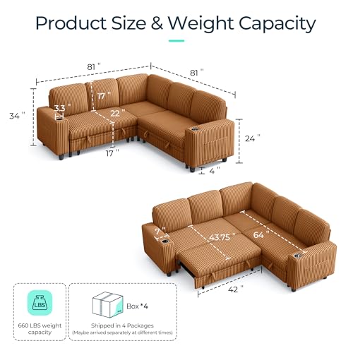 Image of LINSY HOME Sectional Sleeper Sofa with Pull Out Couch Bed - Convertible Plush Corduroy Cloud Couch with Storage Chaise & USB Charging, Comfy L Shaped Modular Couches for Living Room Apartment, Brown