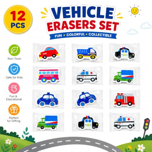 Image of Radiance 12 Pcs Vehicle Shape Eraser Set for Kids, Cartoon Car Bus Truck Police Ambulance Erasers, Non-Toxic Cute Pencil Erasers for School, Return Gifts, Birthday Party Favors (Random Design)