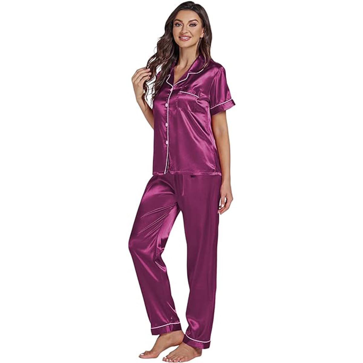 Elevate Comfort and Style with Caprisious Women's Silk Satin Pyjama Set in Regal Purple – Short Sleeve Sleepwear, Two-Piece Pajama Sets, and Button-Down Loungewear