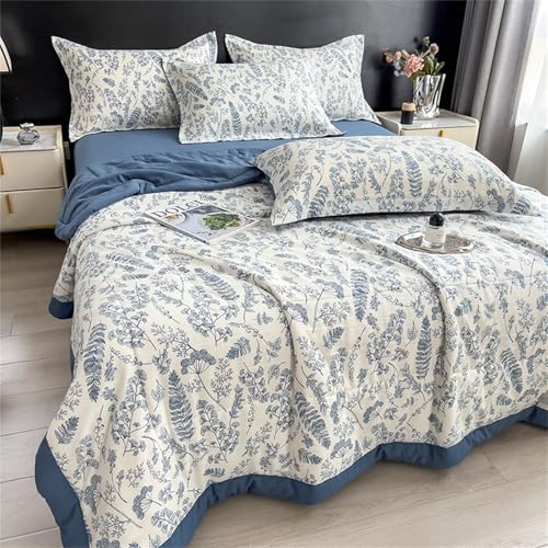 Highdi Summer Floral Print Reversible Bed Throws Quilted Bedspreads,Lightweight Patchwork Quilt Comforter Single Double,Cotton Throw Summer Quilt,Quilted Blanket All Seasons (Blue,200x230cm)
