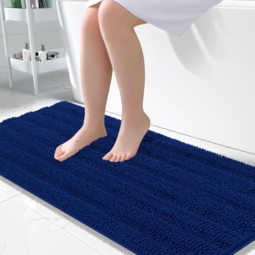 Image of OLANLY Thick Large Bathroom Rugs 50x30, Extra Soft Absorbent Chenille Striped Bath Rugs, Rubber Backing, Machine Wash Dry, Bath Mats for Bathroom Floor, Tub and Shower, Home Decor Accessories, Navy