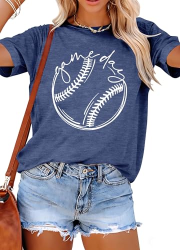 ALLTB Baseball Shirt Women Baseball Mom Shirts Funny Game Day Baseball Graphic Tee Tops Casual Ball Short Sleeve Tee Top Dark Blue