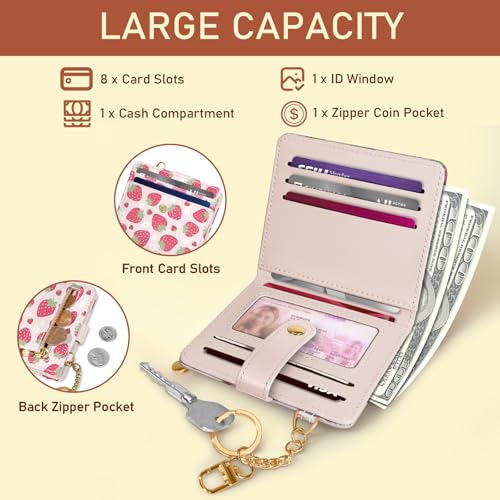 Image of Jogjam Strawberry Rfid Girls Girly Teen Wallet, Small Slim Thin Compact Travel Credit Card Women Wallet, Cute PU Leather Bifold Cash Zipper Coin Pocket ID Window for Female Ladies Gifts