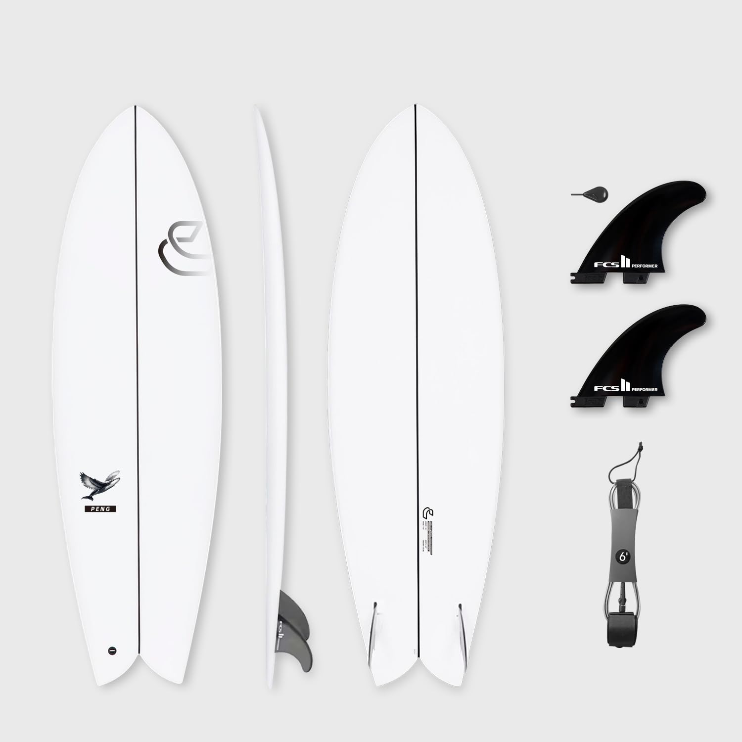 CONTOUR SURF Kunpeng 5'8'' Epoxy Shortboard Surfboard with Fins and Leash | High-Performance Fish Surfboard for Intermediate to Advanced Surfers | EPS Core, Wood Stringer, Carbon Reinforced