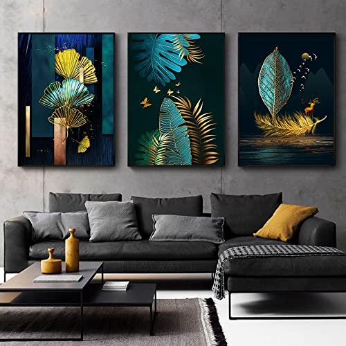 Toile Art Peinture Murale Vert Abstrait Grand Format Cerf Papillon