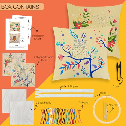 Image of picknMAKE Pack of 2 DIY Cushion Cover Hand Embroidery Kit for Beginners & Adults | Cross-Stitch Pillow Covers with Digitally Printed Designs | Complete Kit with Threads, Needle & Hoop | 16 inchx16 inch