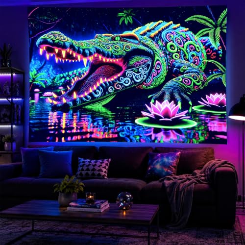 Image of BlissYard Blacklight Tapestry 78x59 Inch Neon Alligator Wall Hanging Glow in the Dark Trippy Jungle Blacklight Tapestry for Game Room Bedroom Lounge Dorm Wall Decor Psychedelic Poster