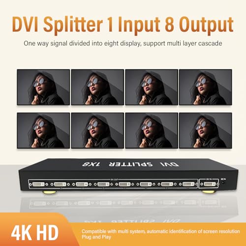 EBTOOLS 8 Port DVI Splitter, 1 in 8 Out DVI 1.3 Video Splitter 4K 30Hz EDID Control System Plug and Play, Advanced Chip Driven Circuitry, for Conference Multimedia Teaching Retail (US Plug)