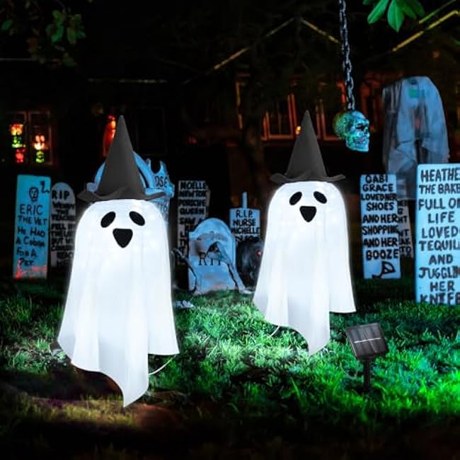 Solar Halloween Ghost LED Lights Outdoor, Set of 2 Big Ghost with Hat Stake Lights 2 Modes for Outdoor Halloween Pathway Yard Garden Decoration (Cool White-Ghost, 2 Pack)