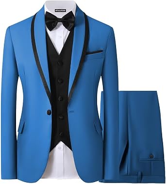 Mens Tuxedo Suits 3 Piece Slim Fit Dinner Prom Suit Shawl Lapel 1 Button Tux Blazer Vest and Pants with Bow Tie