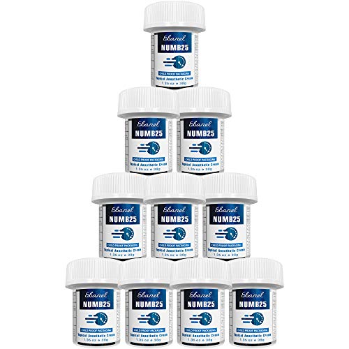 Ebanel 5% Lidocaine Topical Numbing Cream Maximum Strength, 10-Pack of 1.35 Oz, Numb 25 Pain Relief Cream Anesthetic Cream Infused with Aloe, Vitamin E, Lecithin, Allantoin, with Child Resistant Cap