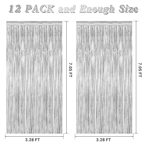 Image of 12 Pack Silver Backdrop. 3.28 FT x 7.05 FT Birthday Decorations, Metallic Silver Fringe Backdrop Foil Curtains Tinsel, Disco Party Decor Photo Booth Props Door Decorations Hanging
