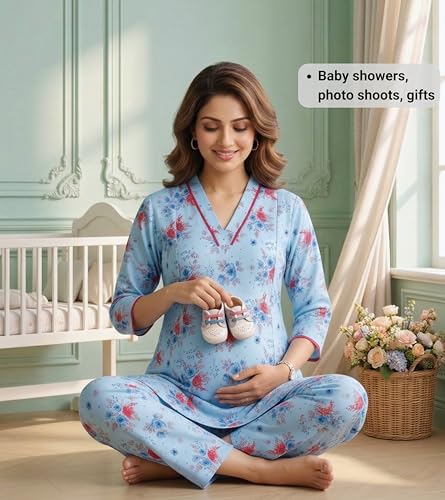 Image of DUMMY SHAPE Maternity Dresses for Women Cotton | Floral Kurta Pant Dupatta Set with Nursing Zippers, Side Pocket | Pre & Post Pregnancy | Feeding Kurti Suit | Baby Shower | Gifts for Pregnant Woman