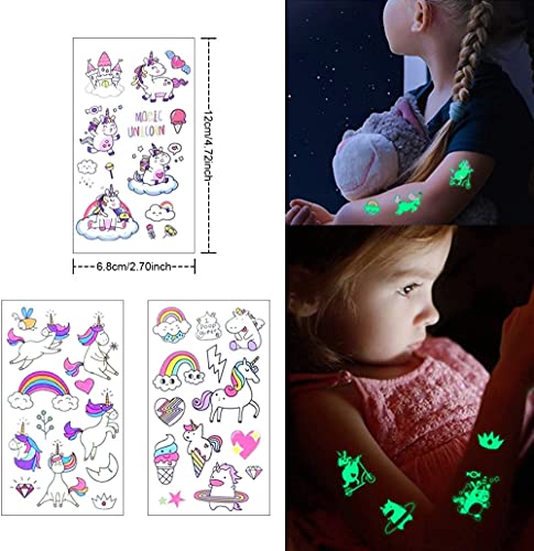 MAYCREATE® 20 Sheets Waterproof Cartoon Fake Tattoo Sticker Glow in The Dark Unicorn Mermaid Outspace Dinosaur Tattoo, Boys Girls Party Supplies Gift - Image 2